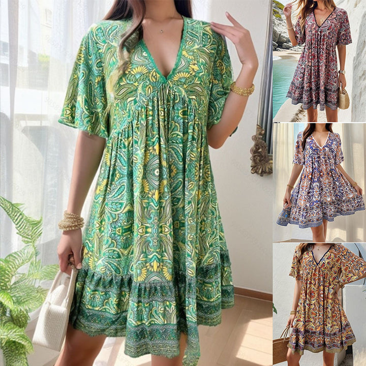 Boho Paisley Print V-Neck Ruffle Hem Mini Dress