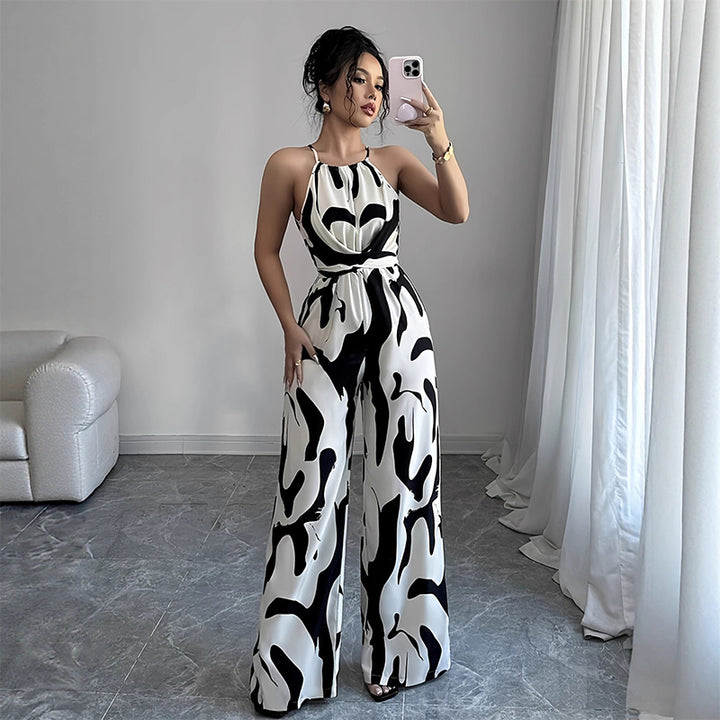 Halter-neck loose-fitting printed wide-leg jumpsuit
