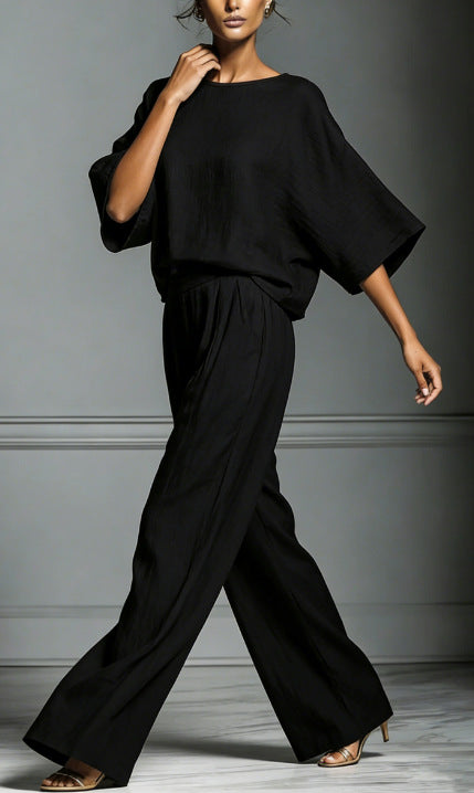 Linen Blend Oversized Top and Wide Leg Pants Two-Piece Set