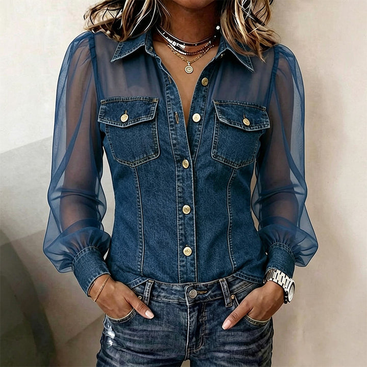 V-neck printed denim-style long-sleeved top