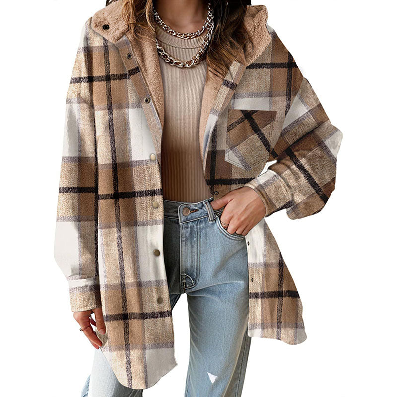 Fleece-lined plaid warm jacket