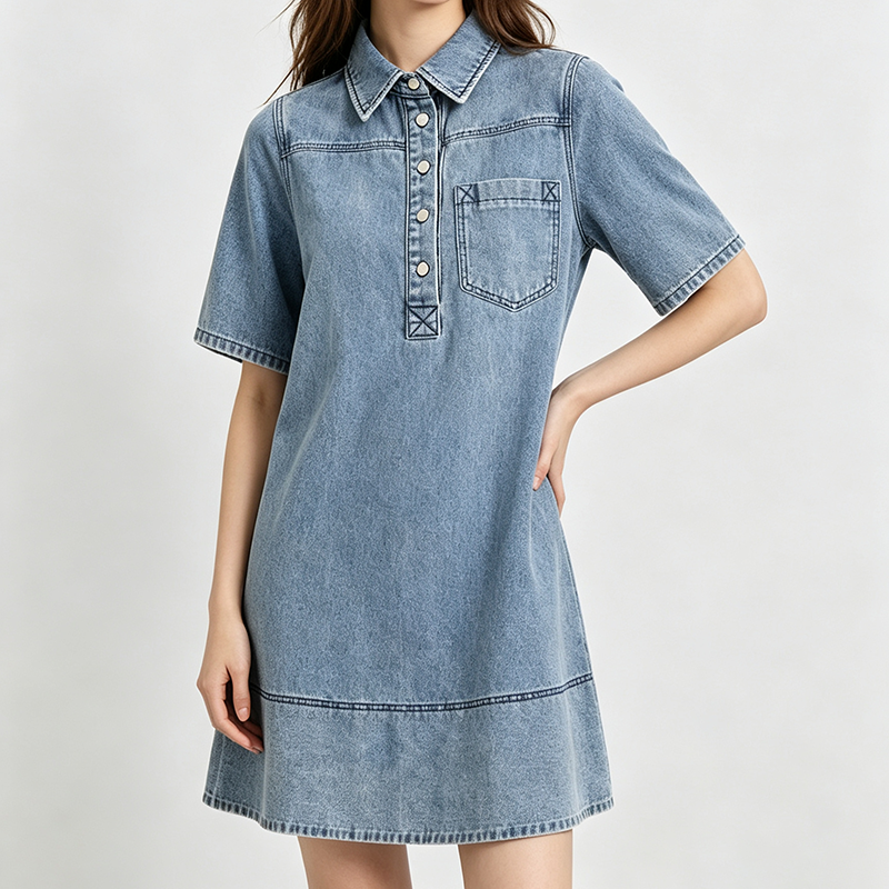 Soft Fabric Short-Sleeve A-Line Swing Mini Shirt Dress