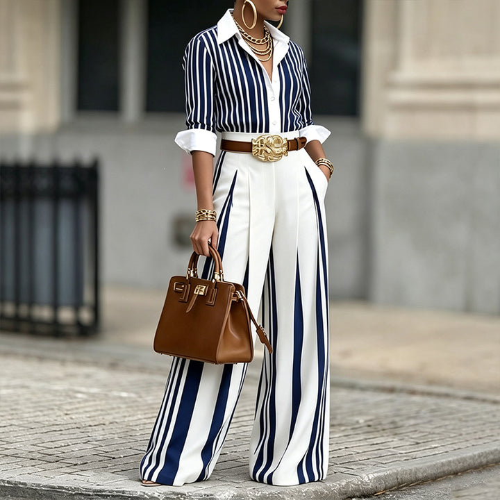 Striped Shirt And Wide Leg Pant Set