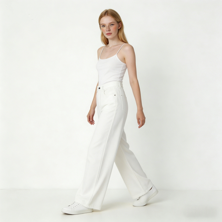 High Waist Straight Leg White Jeans | Relaxed Fit Wide Leg Denim Pants