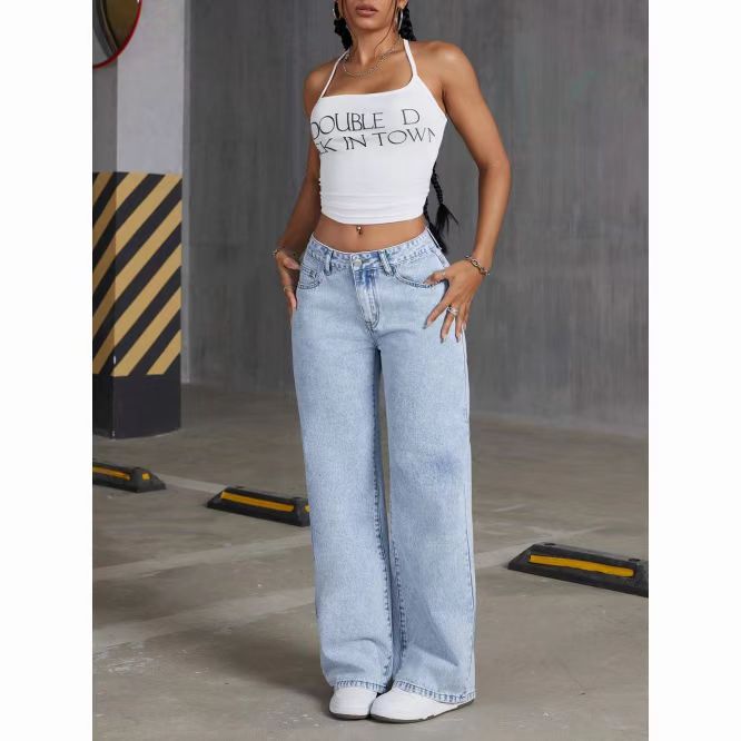 High-Waisted Wide Leg Blue Jeans, Casual Full-Length Denim Pants