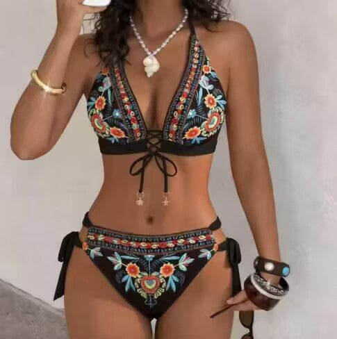 Bohemian Floral Print Halter Bikini Set