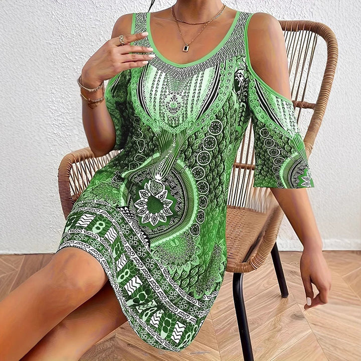 Off-shoulder short-sleeved digital print dress