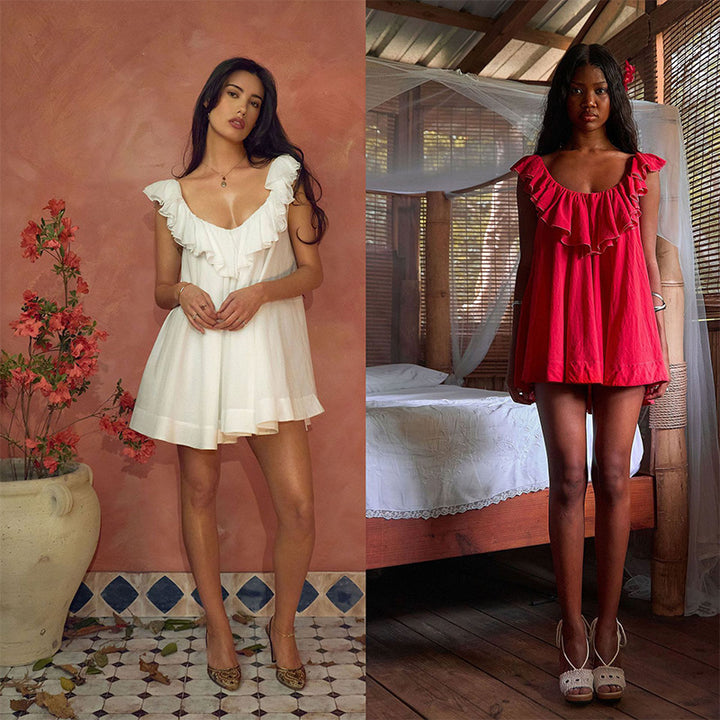 V-neck solid color cotton lace dress