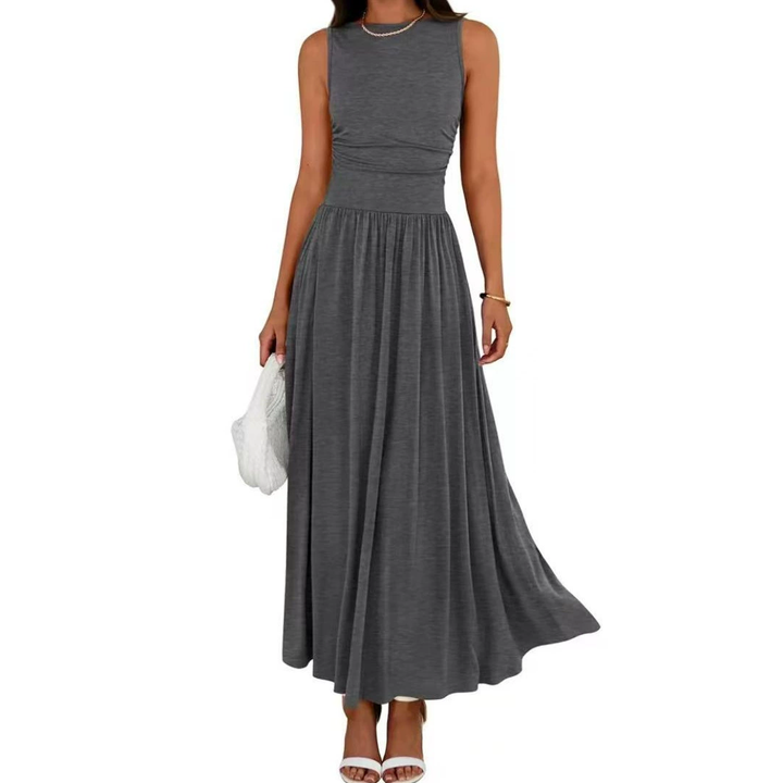 Round neck, side pleats, high-waisted maxi dress