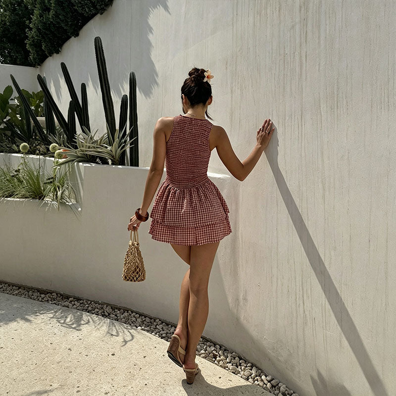 Sleeveless Plaid Dress with Pleated Waist