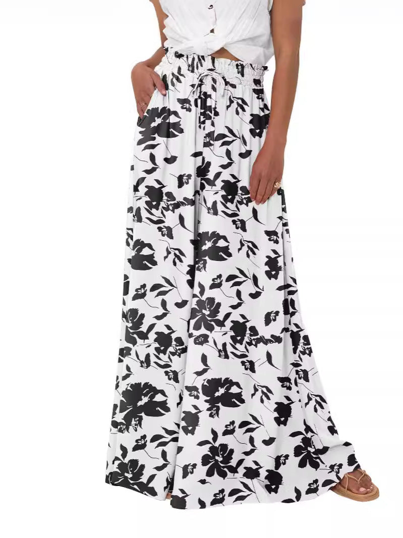 Light Blue Floral Print Elastic Waist Wide Leg Palazzo Pants