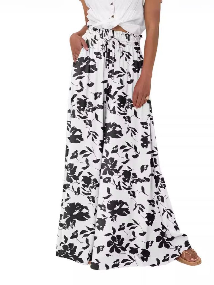 Light Blue Floral Print Elastic Waist Wide Leg Palazzo Pants