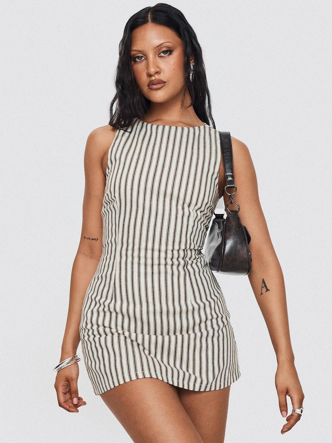 Linen-BlendSleeveless Striped Mini Dress with Back Tie