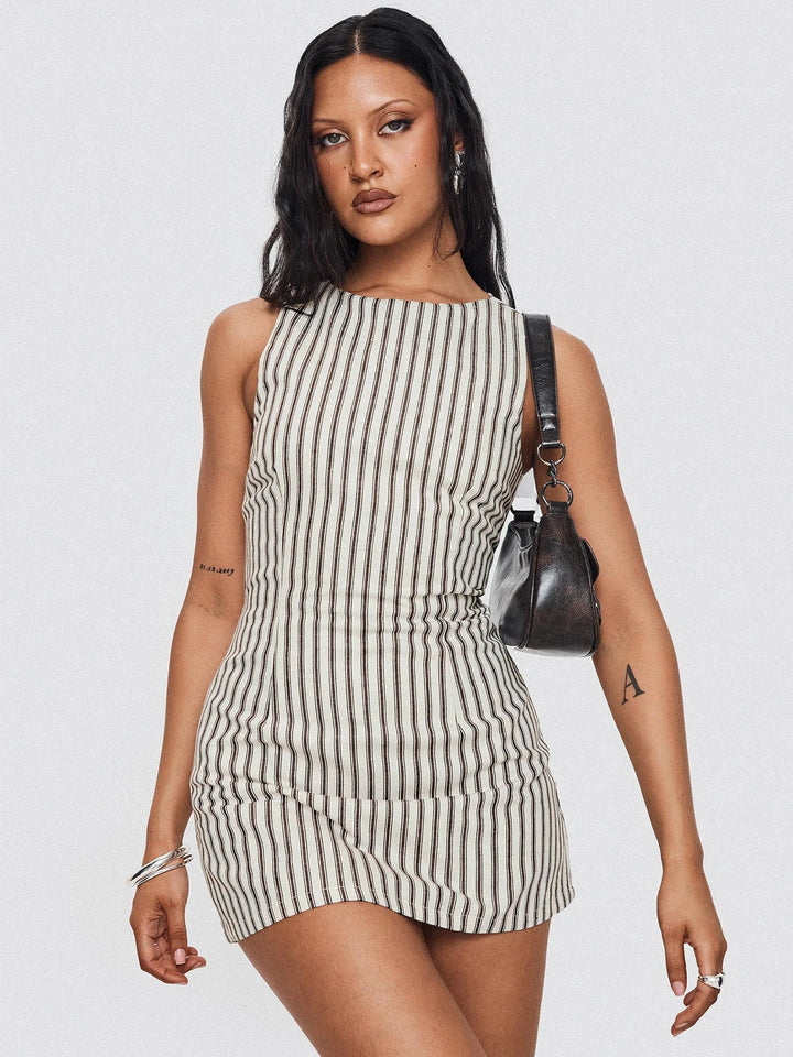 Linen-BlendSleeveless Striped Mini Dress with Back Tie
