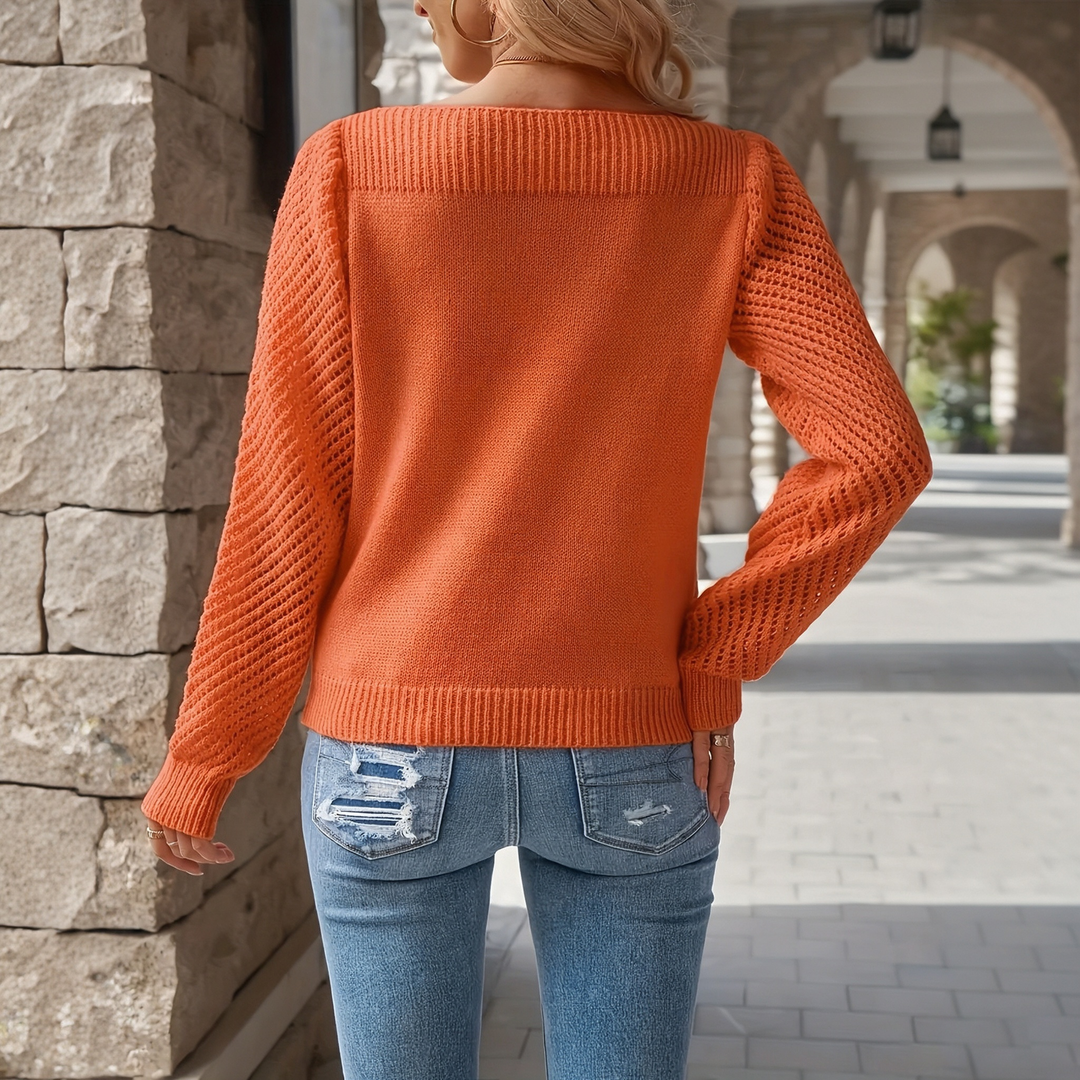 Boat Neck Hollow Out Long Sleeve Knit Sweater