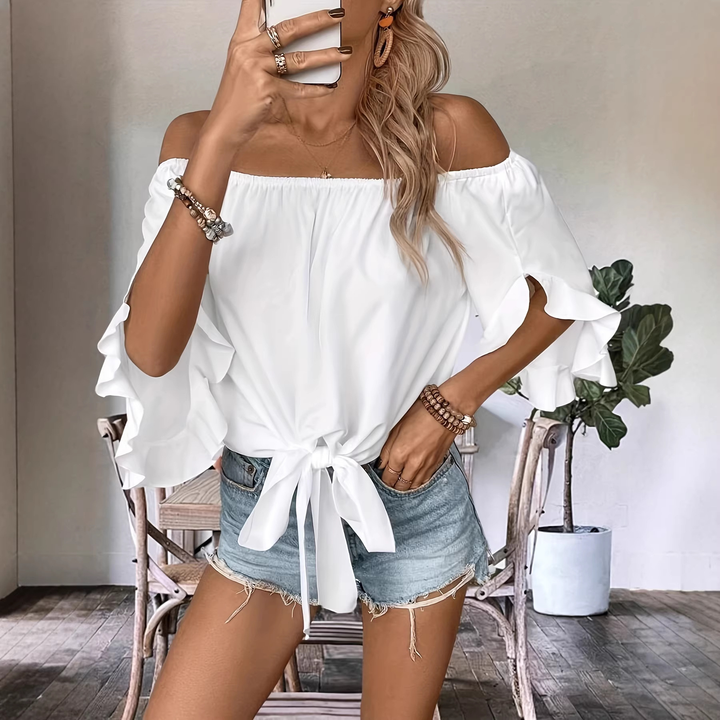 Loose Off Shoulder Ruffle Sleeve Self Tie Holiday Blouse