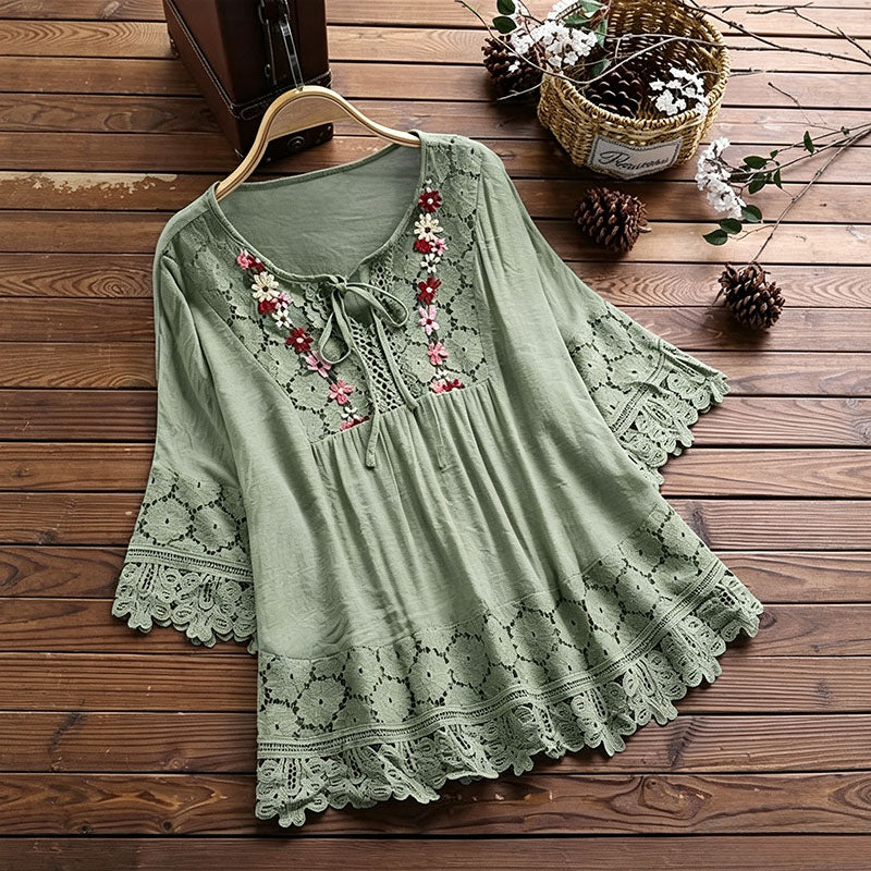 Lace-trimmed linen V-neck top