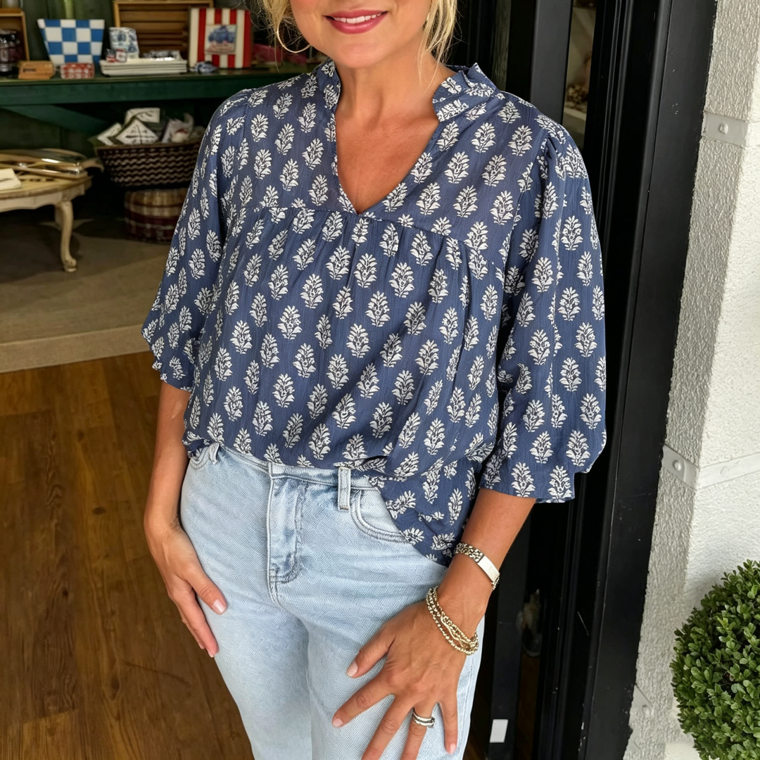 Floral V Neck Puff Sleeve Blouse