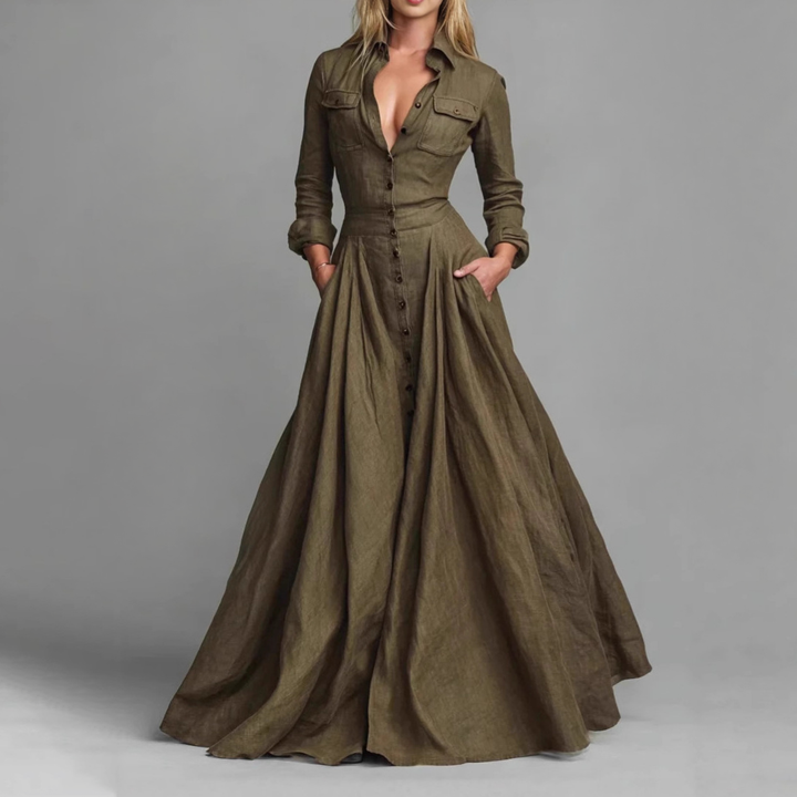 Waist Defined Button Front Maxi Shirt Gown