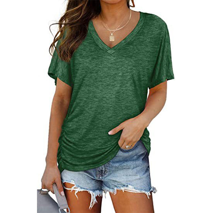 V-neck solid color batwing sleeve ruched short sleeve