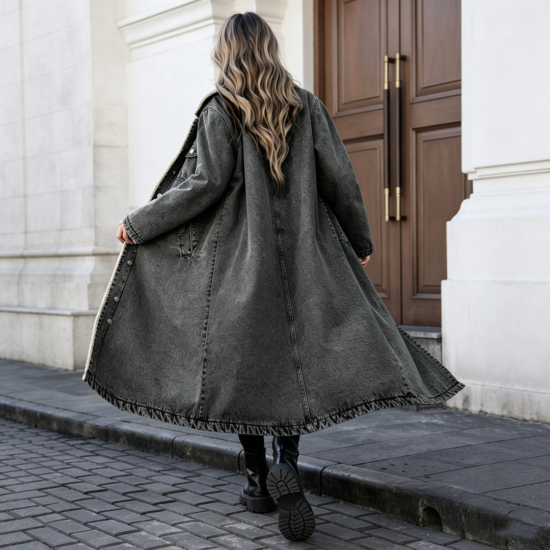 Women Oversized Fleece Lined Long Denim Jacket