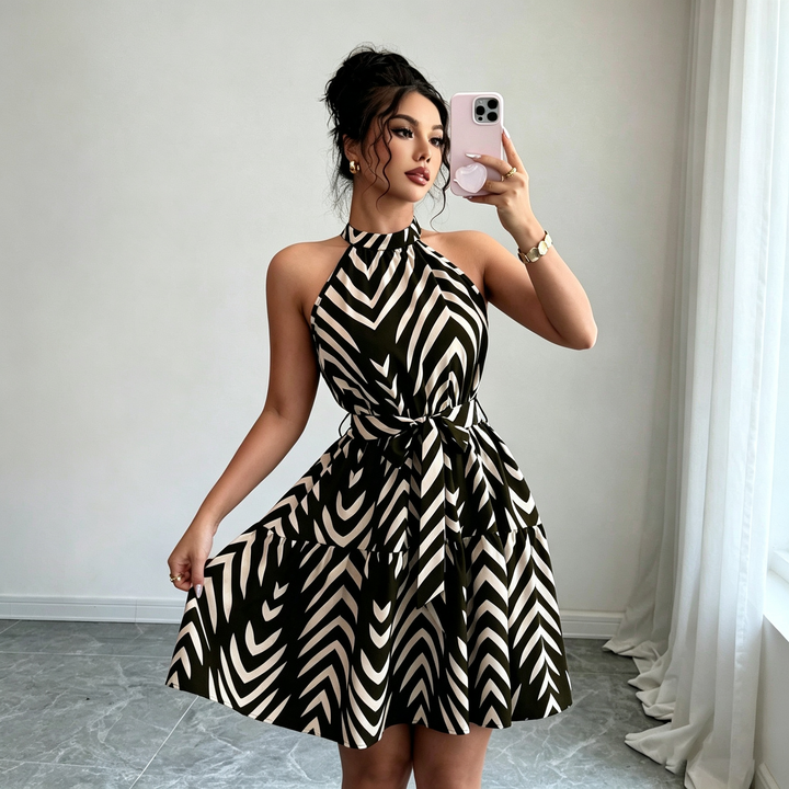 Halter Neck Tie Waist Swing Mini Dress