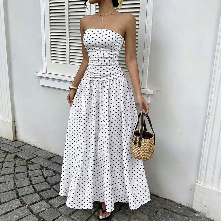 Retro Polka Dot Strapless Ruched Flowy Long Dress
