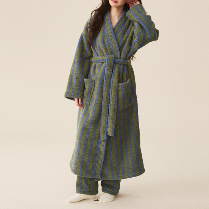 Pocketed Striped Plush Long Robe