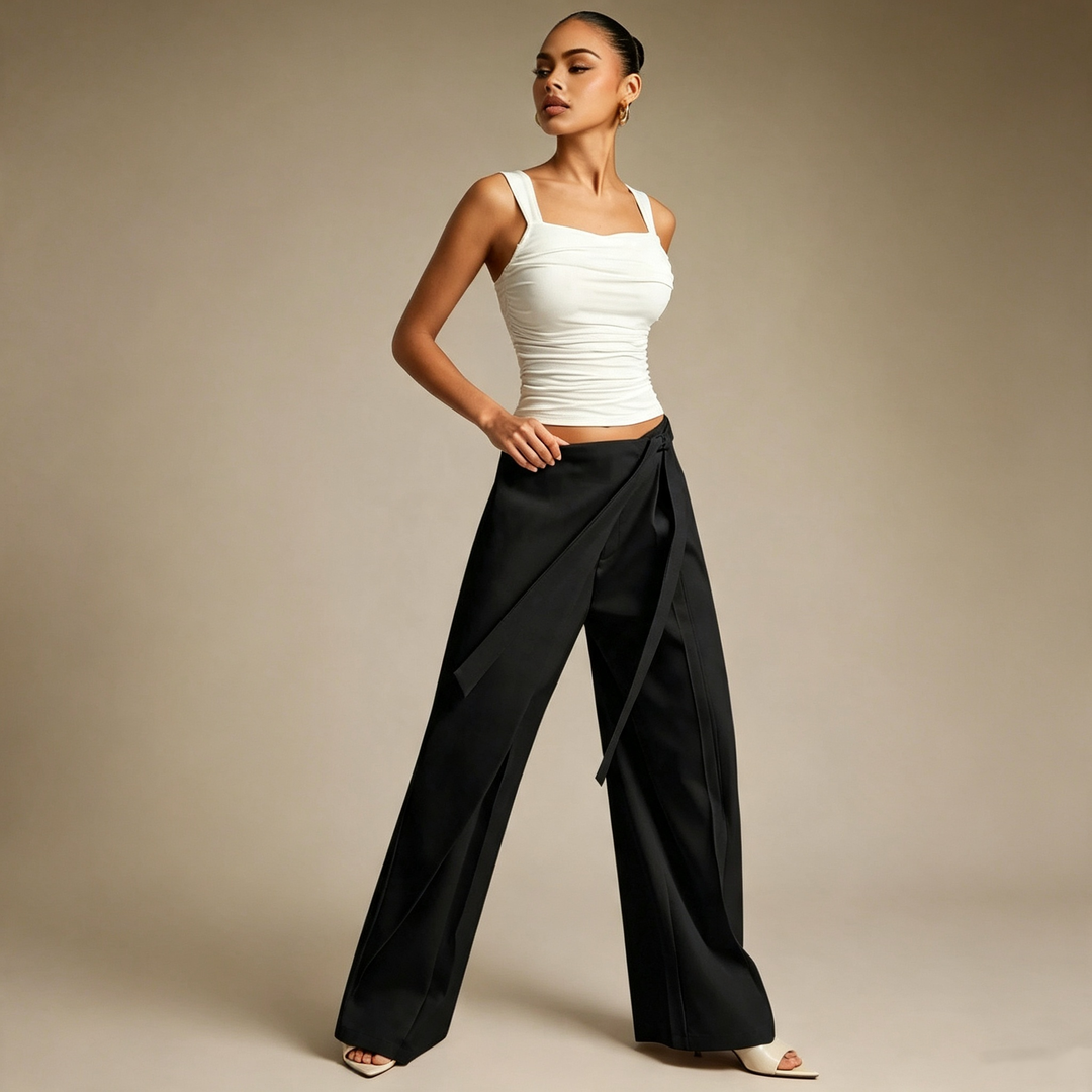 Criss-Cross Wrap Waist Wide Leg Pants