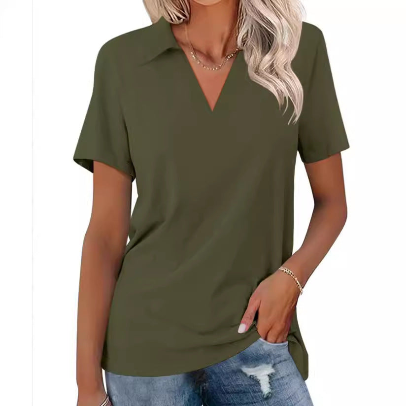 White Notch V-Neck Short Sleeve Polo T-Shirt