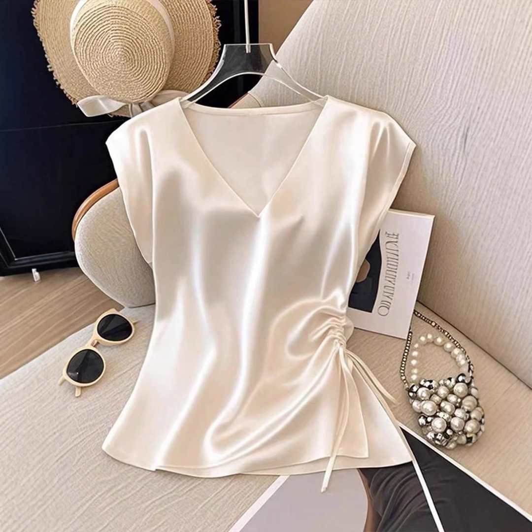 Satin V Neck Cap Sleeve Drawstring Top