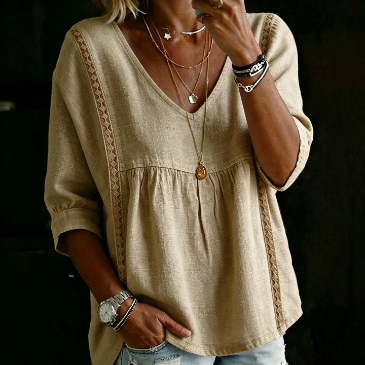 V Neck Lace Trim 3/4 Sleeve Tunic Blouse