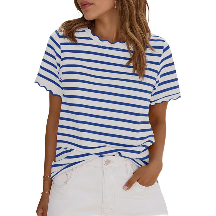Ribbed crew-neck striped short-sleeve top