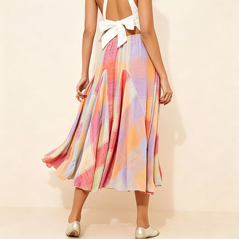 Mid-length colorful plaid skirt