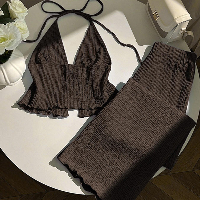 Halter-neck textured top and trousers set