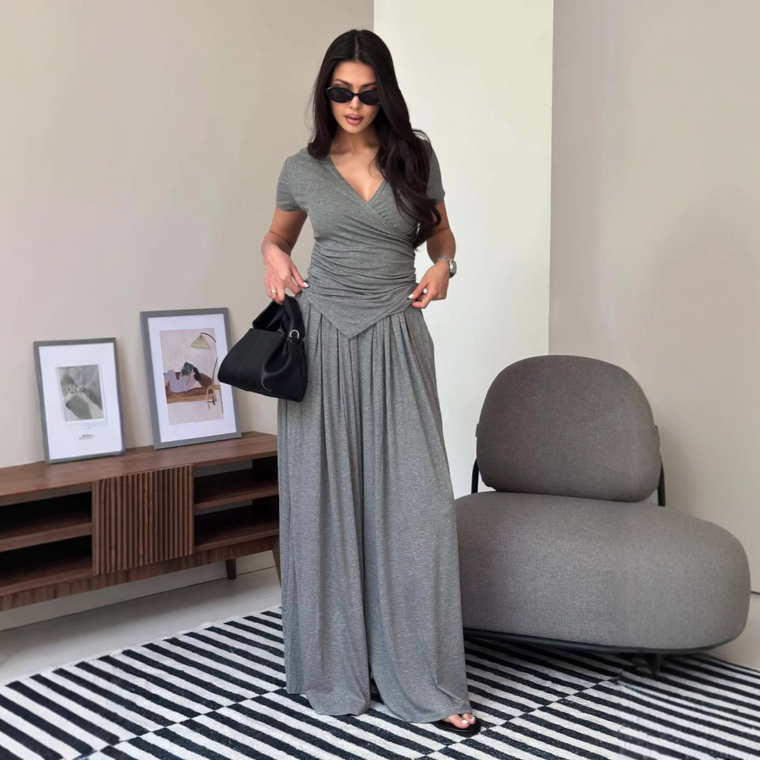 Wrap V Neck Short Sleeve Wide Leg Set