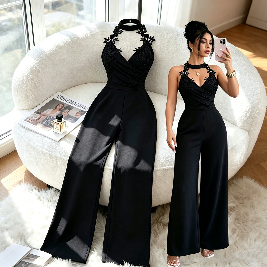 Halter Floral Lace Applique Wide Leg Jumpsuit
