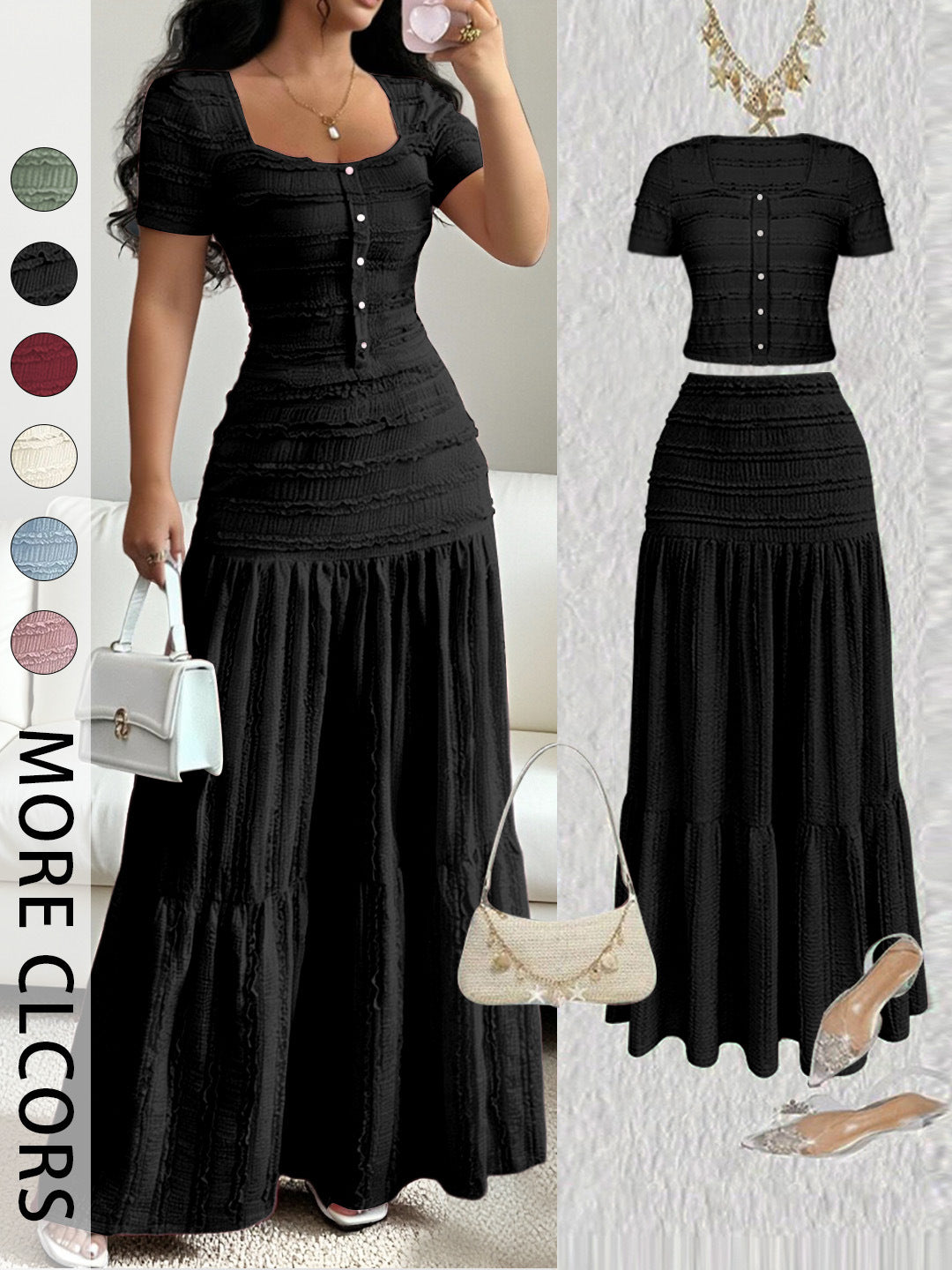 Square Neck Ruffled Textured Crop Top &amp;amp; Tiered Maxi Skirt Two-Piece Set