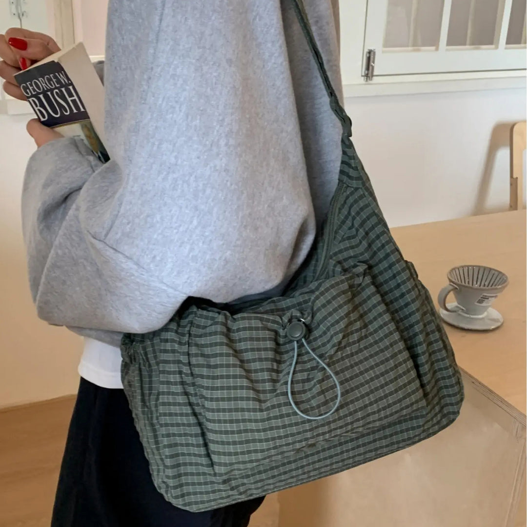 Drawstring Checkered Hobo Shoulder Bag