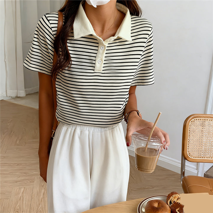 Striped Cropped Polo Knit Top