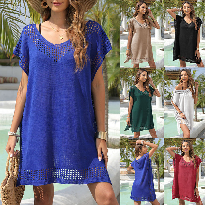 V-neck openwork patchwork beach cover-up dress