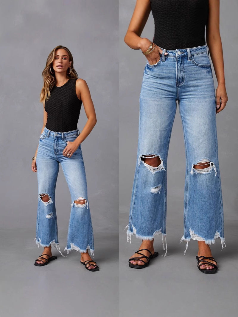 High Waist Distressed Raw Hem Flare Jeans