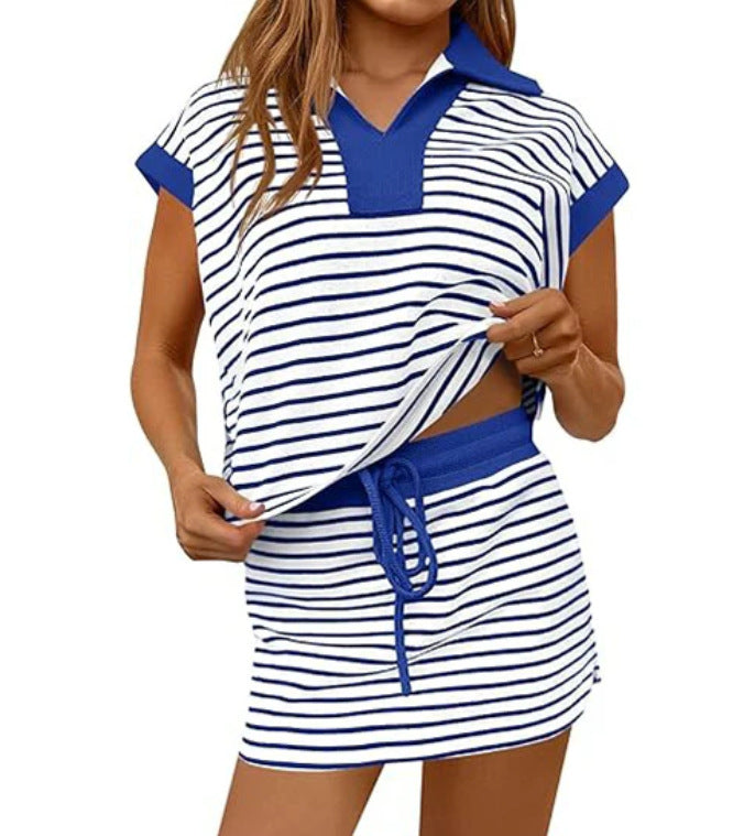 Striped Loungewear Set, Polo Collar Top &amp; Drawstring Mini Skirt Co-Ord