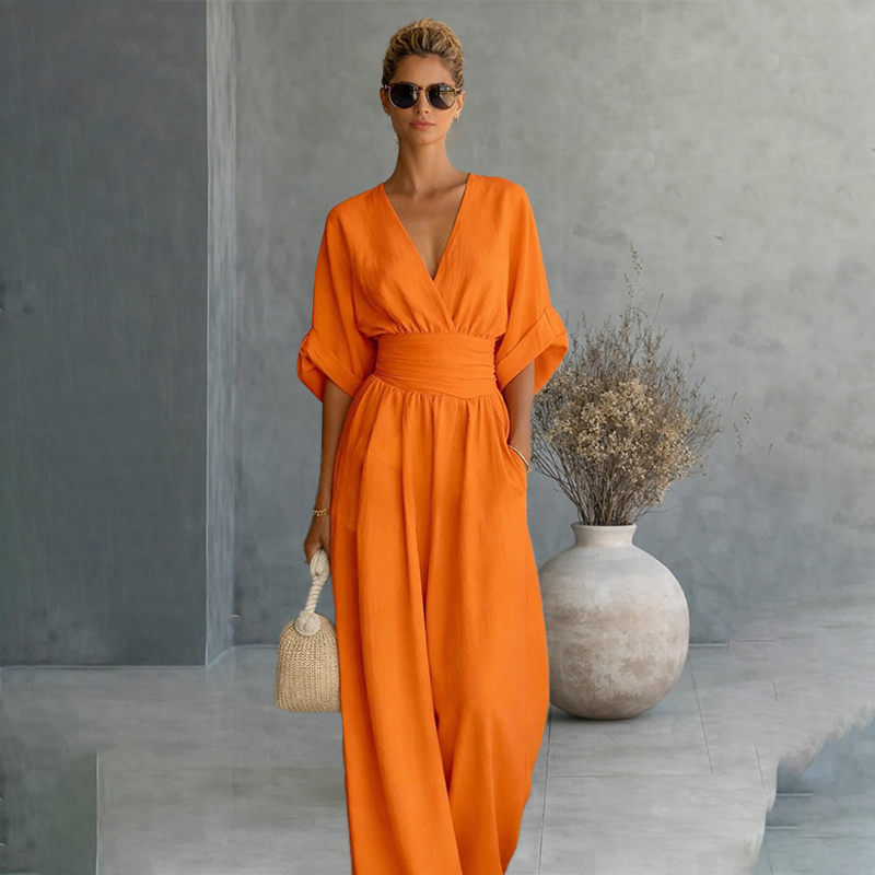 V-neck waist-cinching jumpsuit