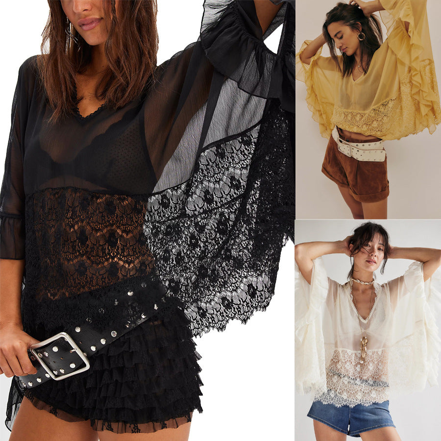 Boho Sheer Lace Ruffle Blouse