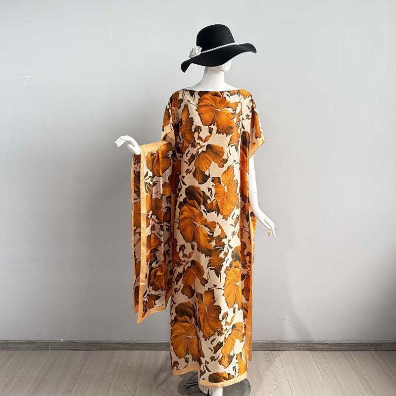 Elegant Casual Loose Fit Maxi Dress with Headscarf Two Piece Fashion Set