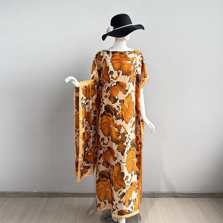 Elegant Casual Loose Fit Maxi Dress with Headscarf Two Piece Fashion Set