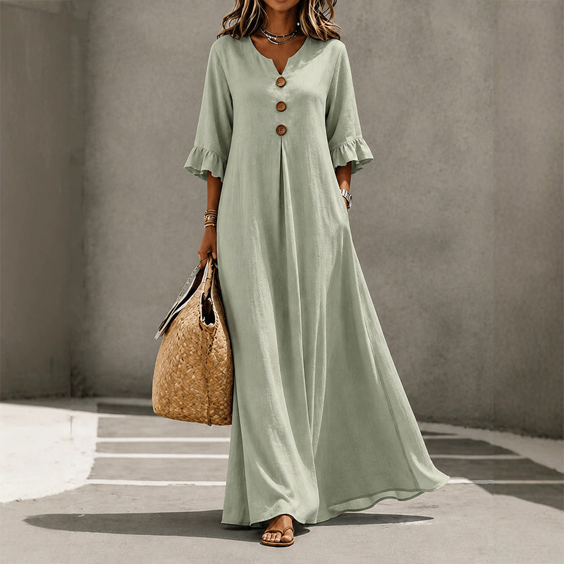 Solid color V-neck loose-fitting maxi dress