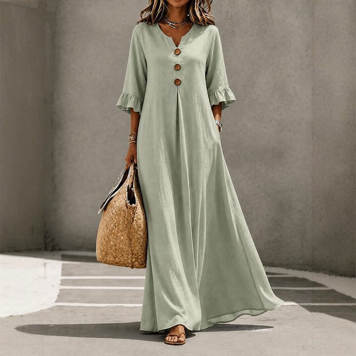 Solid color V-neck loose-fitting maxi dress