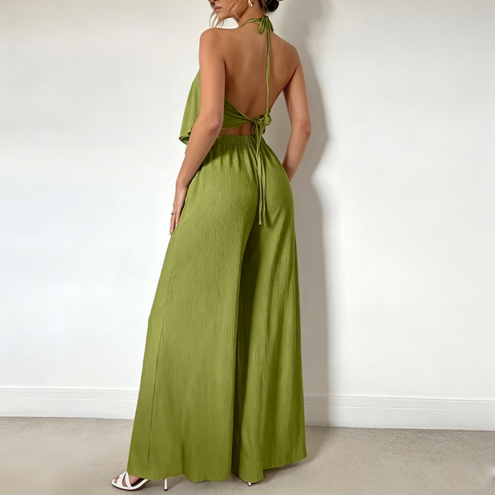 Halter Tie Back Textured Top And Wide Leg Pants Set